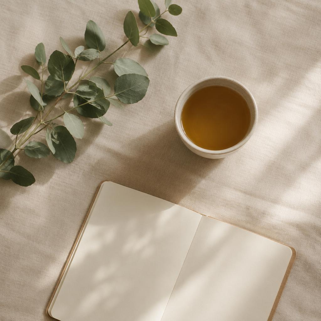 A calm still life with eucalyptus, tea and an open journal